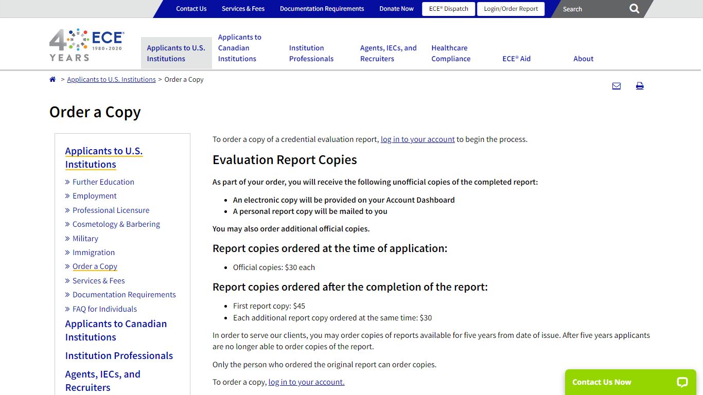 Order Copies | Foreign Credential Evaluation Report | ECE